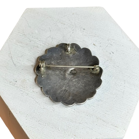 Vintage Mexico Sterling Silver Turquoise Inlay Sun Brooch - Picture 2 of 7